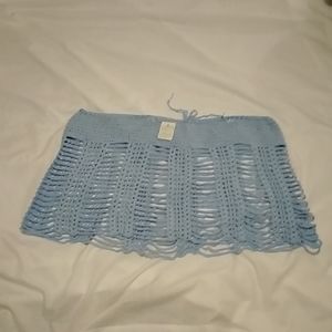Hand made shrug, crochet light blue w draw string